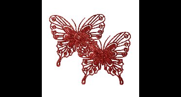 Decoris vlinders op clip - 2x stuks -rood - 13 cm - glitter