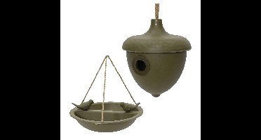 Decoris Vogelhuisje en voederschaal/vogelbadje - donkergroen - bamboe - nestkastje