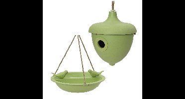 Decoris Vogelhuisje en voederschaal/vogelbadje - groen - bamboe - nestkastje