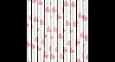 Drinkrietjes - papier - 10x - wit/roze hartjes - 19,5 cm - rietjes