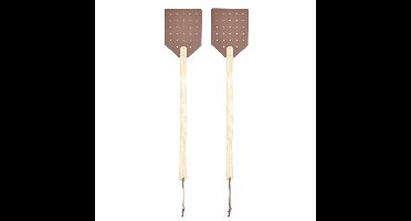 Esschert design Vliegenmepper - 2x - hout/leer - bruin - 52 cm