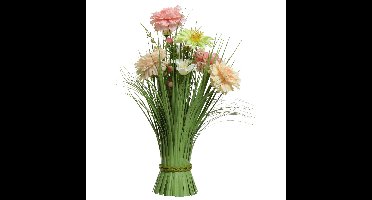 Everlands Kunstgras boeket bloemen - anjers - roze - H40 cm