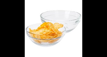 Excellent Houseware Kommetje/serveer schaaltje - 4x - ontbijt/hapjes - glas - streep relief - 275 ml