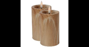 Excellent Houseware LED kaars- 2x - marmer bruin -D7,5 x H12,5 cm