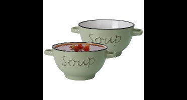 Excellent Houseware soepkom gres - 2x - lichtgroen - porselein - D14 cm