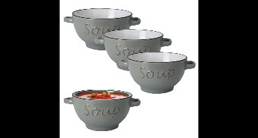 Excellent Houseware soepkom gres - 4x - lichtgrijs - porselein - D14 cm
