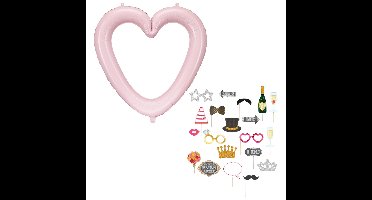 Foto booth set - 20 props - hartvormig frame roze - huwelijk/bruiloft