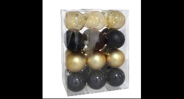 Gerimport kerstballen - 24x st- 7 cm - zwart/goud - kunststof