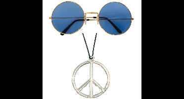 Hippie Flower Power Sixties verkleed set ketting met blauwe party bril