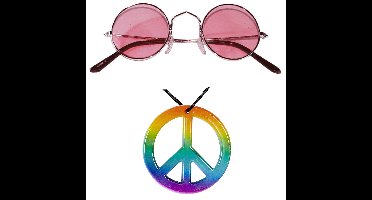 Hippie Flower Power Sixties verkleed set ketting met roze party bril