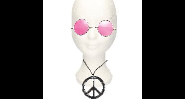 Hippie Flower Power verkleed set - peace ketting en bril roze