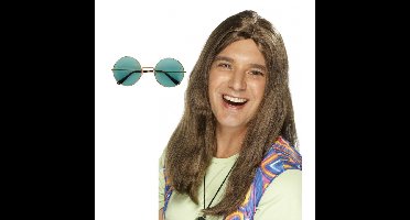 Hippie Sixties verkleed set - Pruik lang haar bruin - bril groen