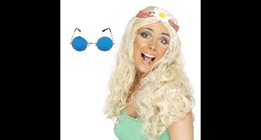 Hippie Sixties verkleedset dames - Pruik blond - bril blauw