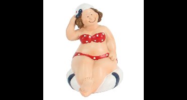 Home decoratie beeldje dikke dame zittend - rood badpak - 10 cm