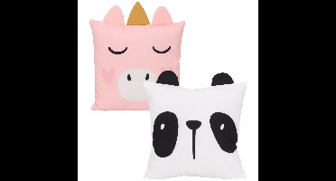 Home & Styling Dieren sierkussen set - 2x - Panda / eenhoorn