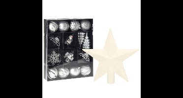 Kerstballen en ornamenten incl. ster piek zilver/wit kunststof