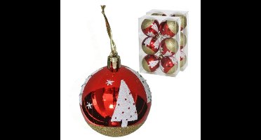 Kerstballen gedecoreerd - 12x - 6 cm - kunststof -rood met kerstboom