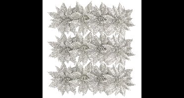 Kerstboomversiering Bloemen - 12x stuks - 9 cm - zilver glitter