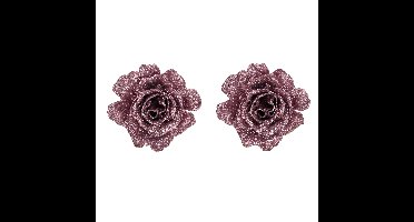 Kerstboomversiering Bloemen - 2x - 10 cm - roze glitter - op clip