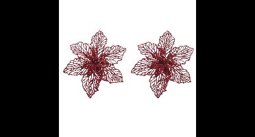 Kerstboomversiering Kerstster - 2x - 17 cm - rood glitter - clip