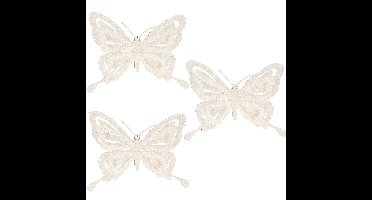 Kerstboomversiering Vlinder - 10x - 14 cm - wit glitter - clip