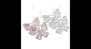 Kersthangers vlinders -4x-transparant en roze -15cm -kunststof