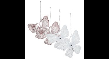 Kersthangers vlinders -4x-transparant met roze en wit -15cm -kunststof