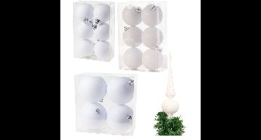 Kerstversiering set glitter kerstballen en piek wit 6 - 8 -10 cm - pakket van 51x stuks