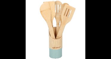 Keukengerei 5-delig 30 cm in houder naturel/groen van bamboe