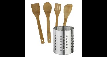 Keukengerei - houten spatels set 4-delig - RVS houder