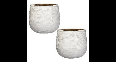 Mica Decorations Bloempot - 2x - wit - keramiek - ribbels - 21 x 19 cm