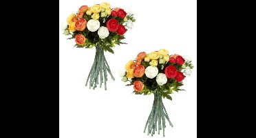 Mica Decorations Kunstbloem - 3x - boeket - ranonkel - oranje en wit