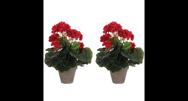 Mica Decorations Kunstplant - 2x - Geranium - rood - in pot - 34 cm