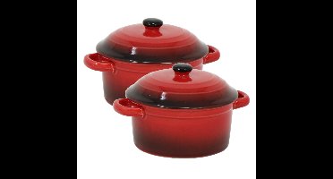 Mini stoofpannetje/ovenschaaltje - 2x - rood - 9 cm - porselein