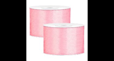 Partydeco Cadeaulint - 2x - lichtroze - 5 cm x 25 meter - satijn