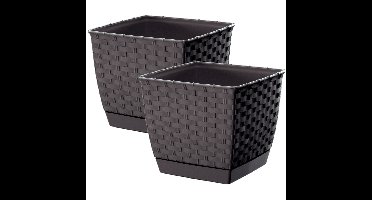Prosperplast Plantenpot - 2x - rotan kunststof - 25 x 22 cm - bruin