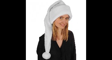 Sandy Luxe kerstmuts - lang - wit/zilver - pluche - volwassenen - 75cm