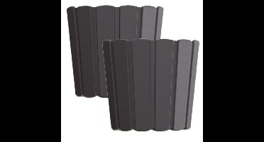 Set van 2x stuks wood-look plantenpot/bloempot kunststof dia 16.5 cm/hoogte 15 cm antraciet