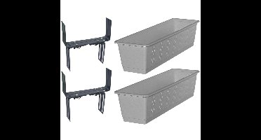 Set van 5 kunststof plantenbakken grijs rechthoekig 60 cm met 10 verstelbare balkon/muurbeugels