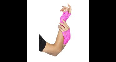 Smiffy's Vingerloze verkleed handschoenen kant - neon roze