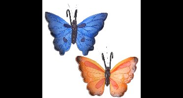 Tuin decor bloempothanger vlinder - 2x - blauw/oranjerood -13x10cm