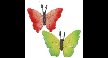 Tuin decor bloempothanger vlinder - 2x - groen/rood - 13 x 10 cm