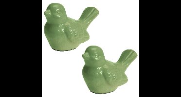 Tuinbeeldje - 2x - vogel - groen - porselein - L12 x B7 x H9 cm