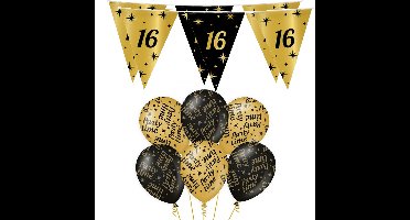 Verjaardag 16 jaar versiering pakket zwart/goud 16 en party-time