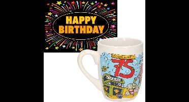 Verjaardag mok/beker 75 jaar man met fun-tekst 300ml + wenskaart Happy Birthday
