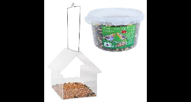 Vogelhuisje/voedertafel transparant kunststof 15 cm inclusief 4-seizoenen energy vogelvoer