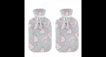 Warmwaterkruik - 2x - 2L - grijs/roze - met hoes - kruik - hartjes print
