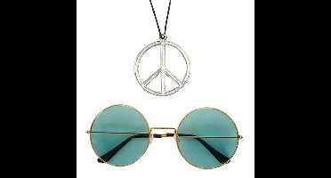 Widmann - Hippie verkleed set - peace ketting - groene glazen bril