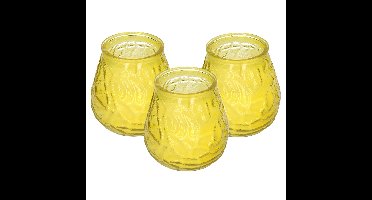 Windlicht geurkaars - 3x - geel glas - 48 branduren - citrusgeur