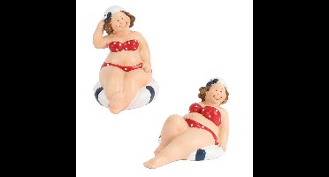Woonkamer decoratie beeldjes set van 2 dikke dames - rood badpak - 10 cm